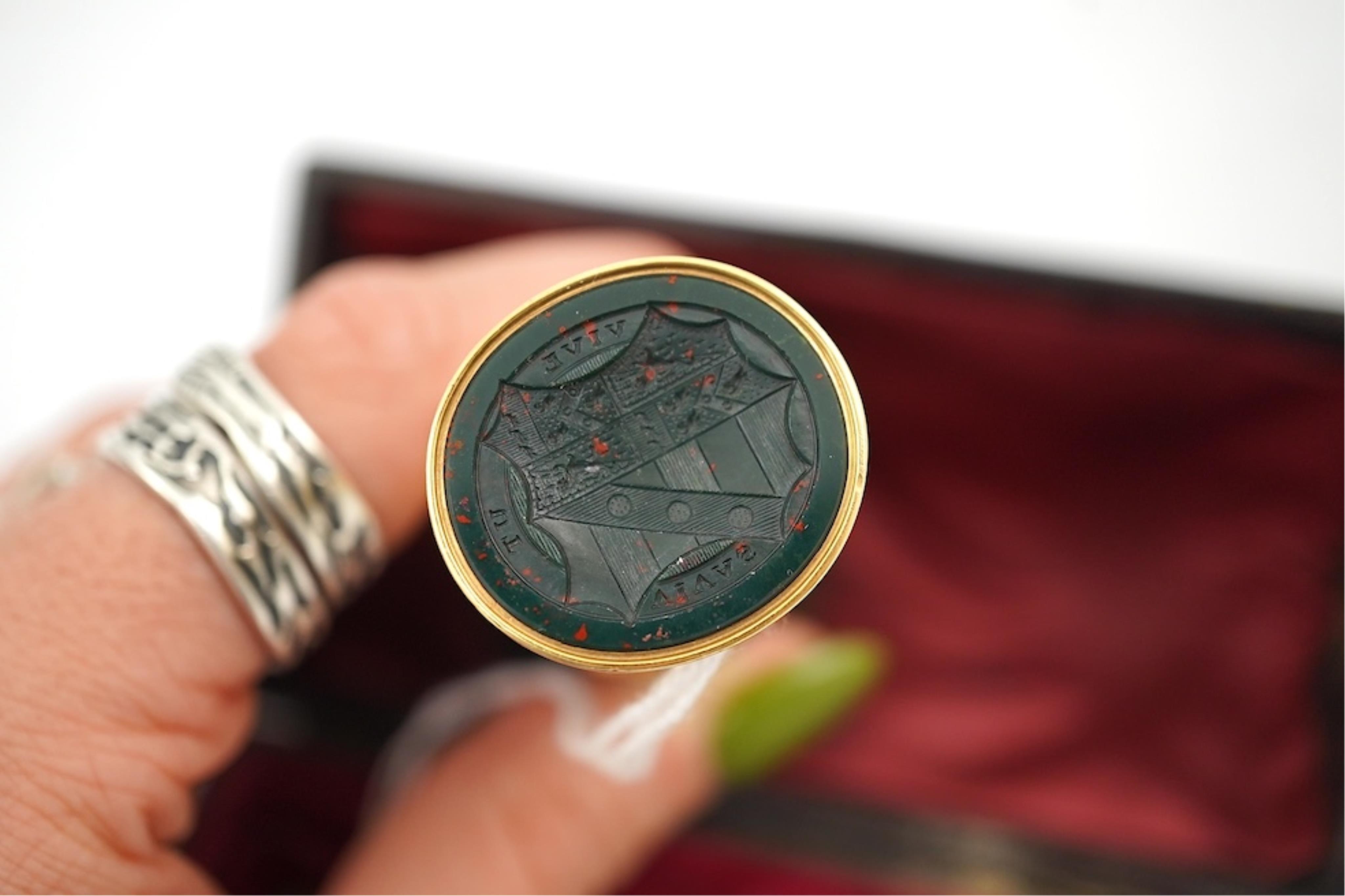 A fine gold-mounted bloodstone seal, mid 19th century